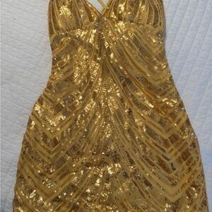 Gold Sequin V-Neck Women’s Dress